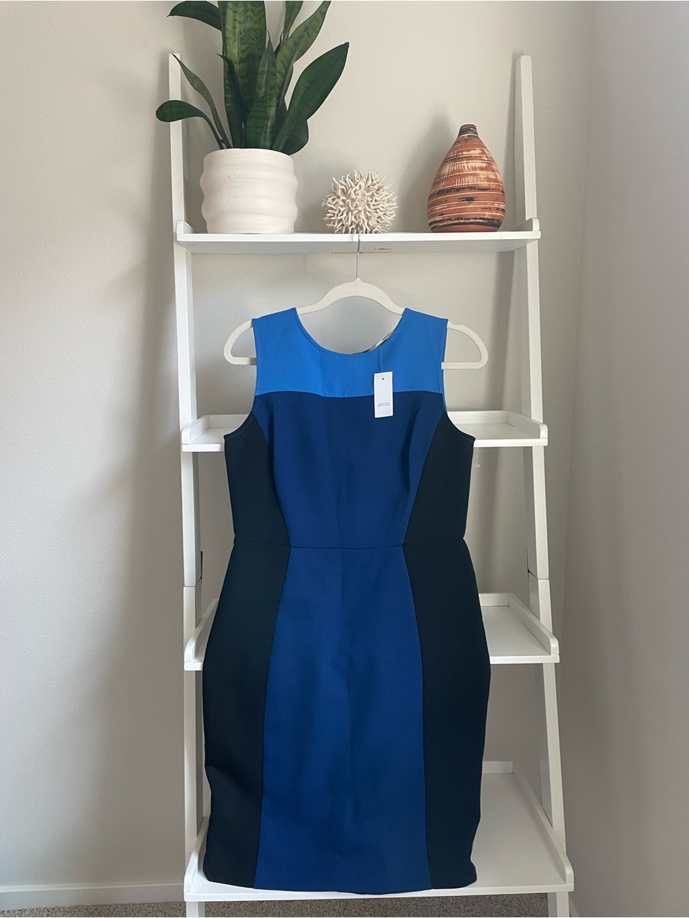 LOFT Blue and Black Colorblock Midi Sheath Dress